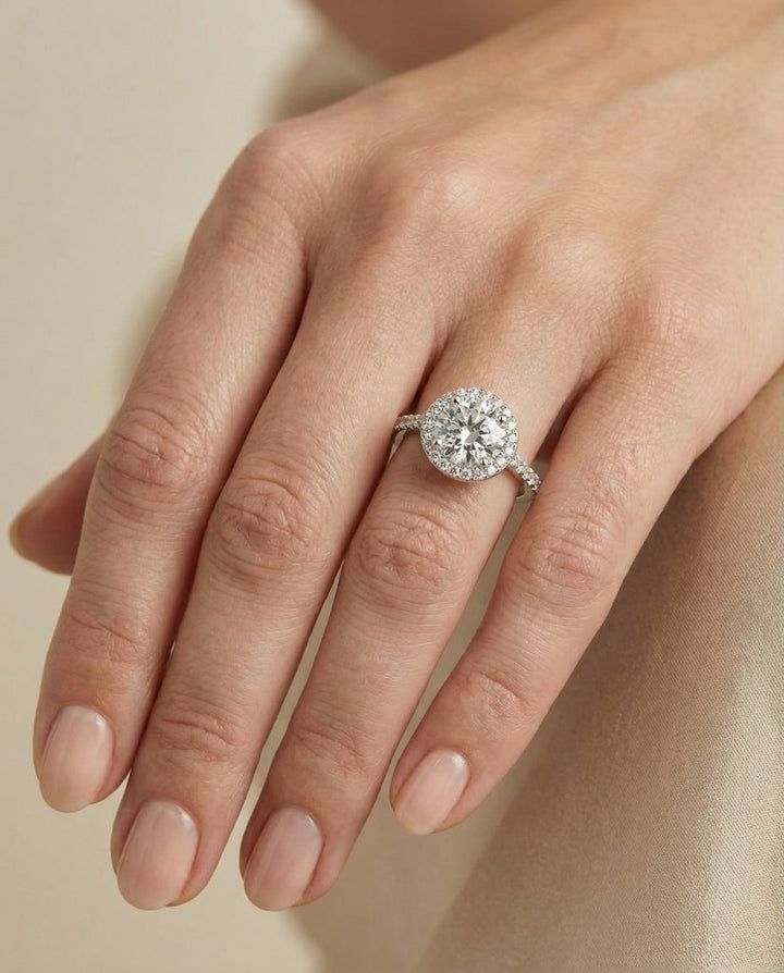 Taylor classic french pavé halo engagement ring in 18K white gold with round lab diamond — RockHer