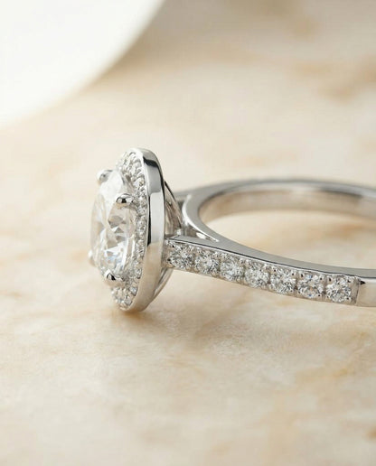 Round Brilliant, Classic French Pavé Halo Round, in Platinum, pave setting – side profile | RockHer