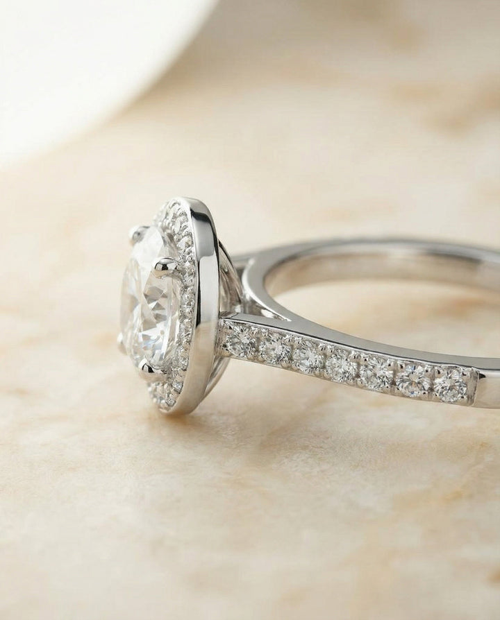 Taylor classic french pavé halo engagement ring in 18K white gold with round lab diamond — RockHer