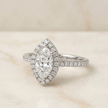 The Sade Classic French Pavé Halo Linear Marquise Engagement Ring Setting in 18K White Gold