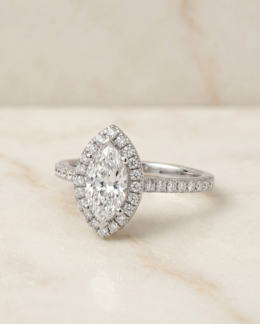 Classic French Pavé Halo Linear Marquise, in Platinum, pave setting – angled view | RockHer
