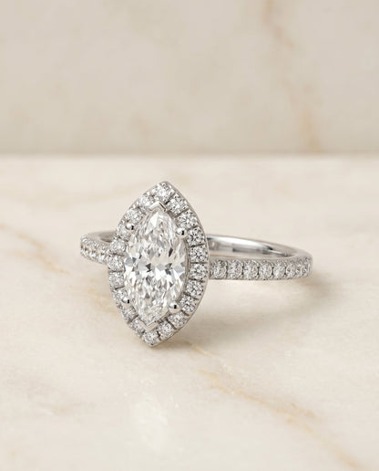 Sade Select Classic French Pavé Halo Linear Mq Marquise Lab Diamond Engagement Ring in 18K White Gold, alternate angle | RockHer