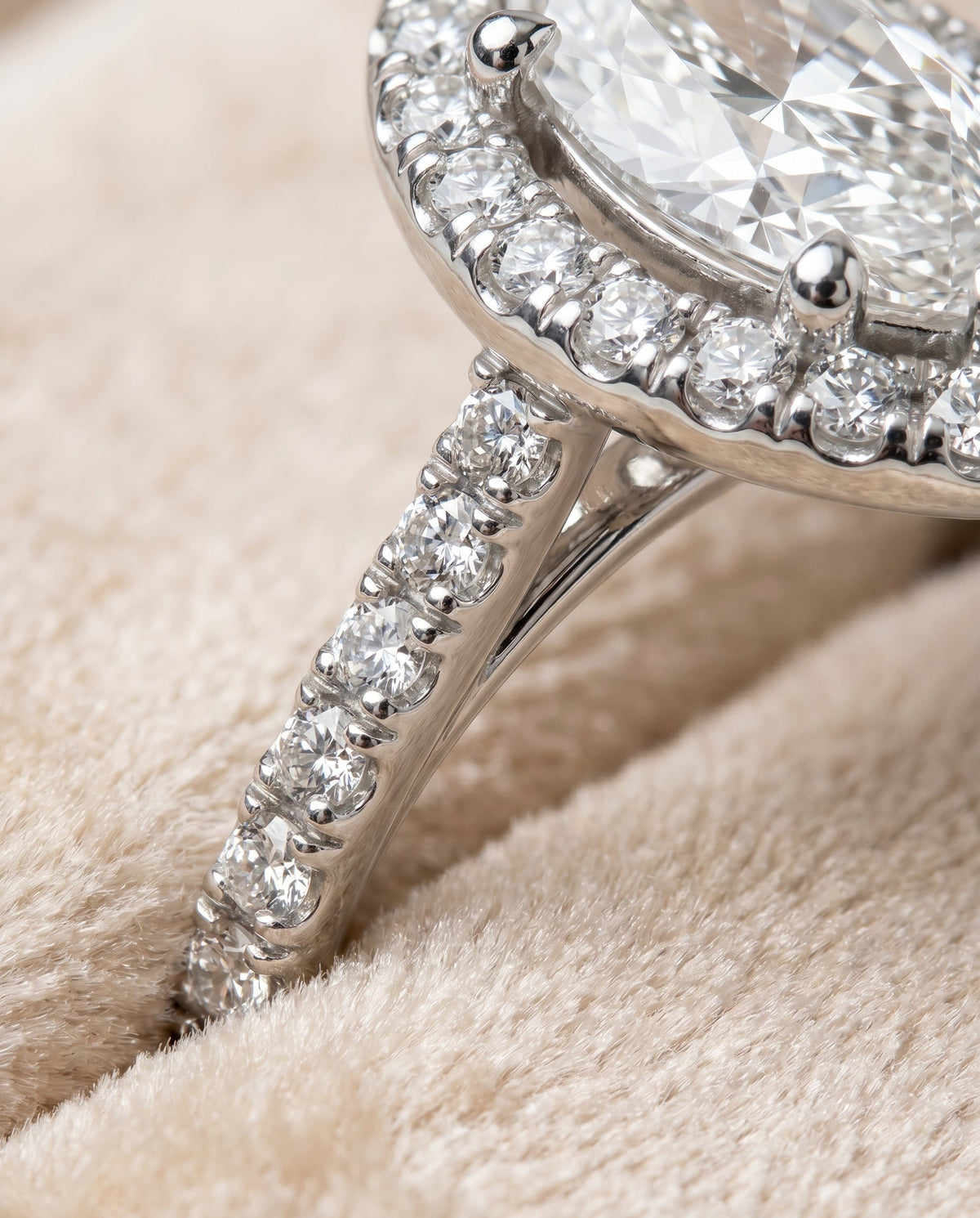Sade Select Classic French Pavé Halo Linear Mq Marquise Lab Diamond Engagement Ring in Platinum, detail view | RockHer