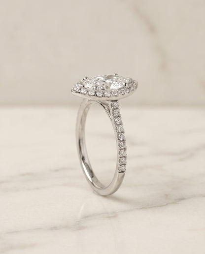 Classic French Pavé Halo Linear Marquise, in Platinum, pave setting – front view | RockHer