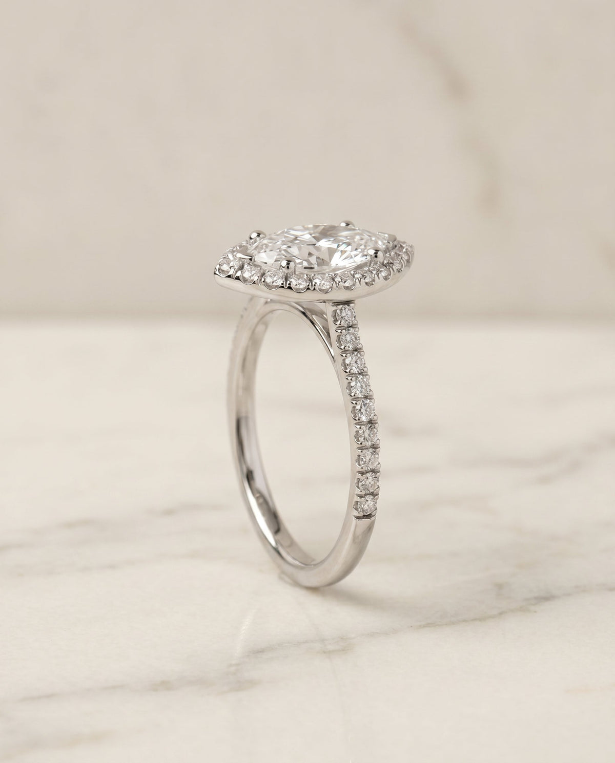 Sade Select Classic French Pavé Halo Linear Mq Marquise Lab Diamond Engagement Ring in 18K White Gold, front view | RockHer