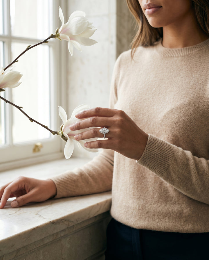 Classic French Pavé Halo Linear Marquise, in Platinum, pave setting – lifestyle shot | RockHer