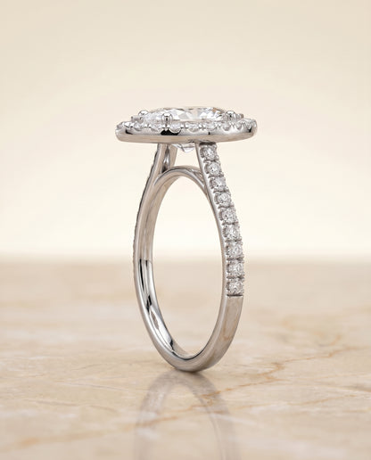 Classic French Pavé Halo Linear Marquise, in Platinum, pave setting – side profile | RockHer