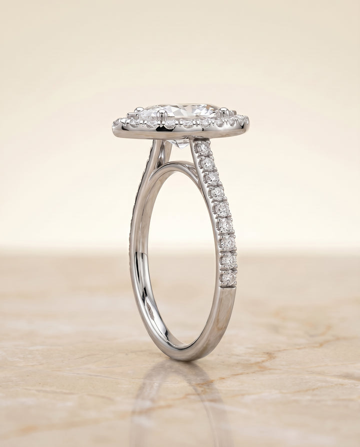 Classic French Pavé Halo Linear Marquise, in Platinum, pave setting – side profile | RockHer