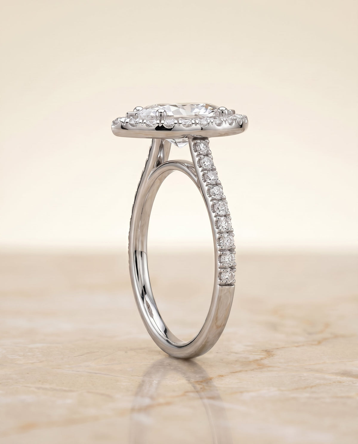 Sade Select Classic French Pavé Halo Linear Mq Marquise Lab Diamond Engagement Ring in 18K White Gold, side view | RockHer