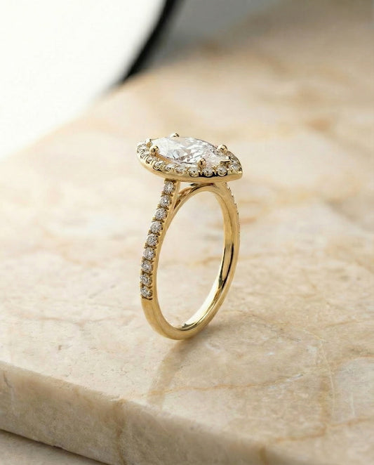 Classic French Pavé Halo Linear Marquise Engagement Ring Setting in 14K Yellow Gold