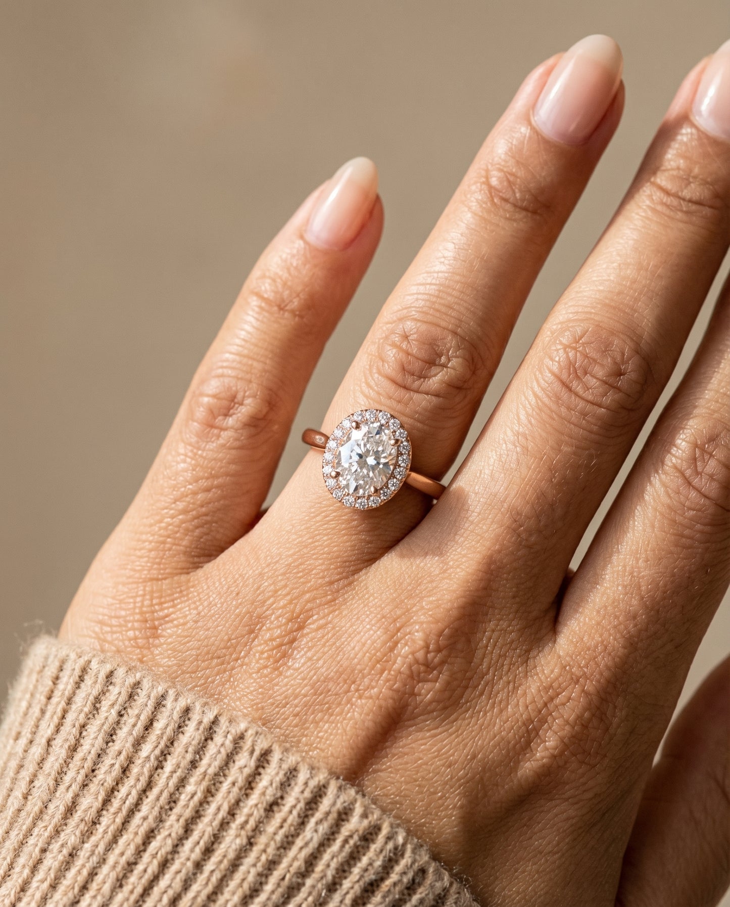 Classic French Pavé Halo Oval, in 14K Rose Gold, pave setting – lifestyle shot | RockHer