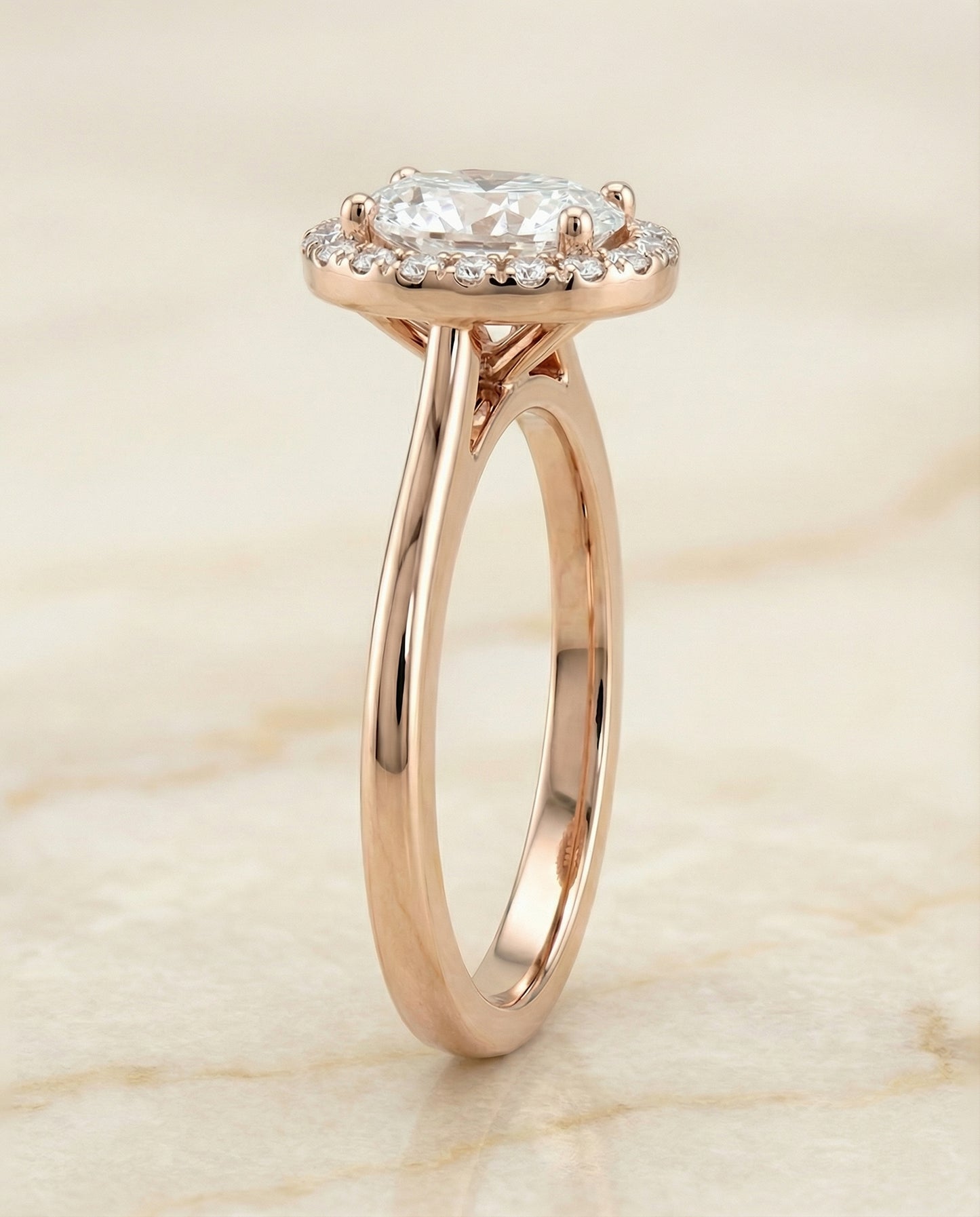 Classic French Pavé Halo Oval, in 14K Rose Gold, pave setting – side profile | RockHer