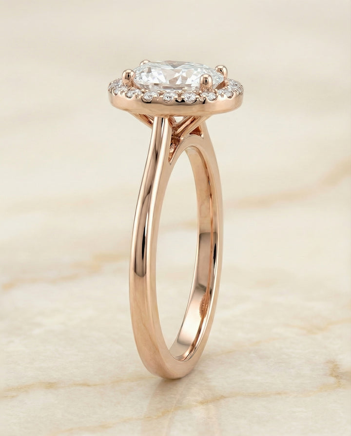 Classic French Pavé Halo Oval, in 14K Rose Gold, pave setting – side profile | RockHer