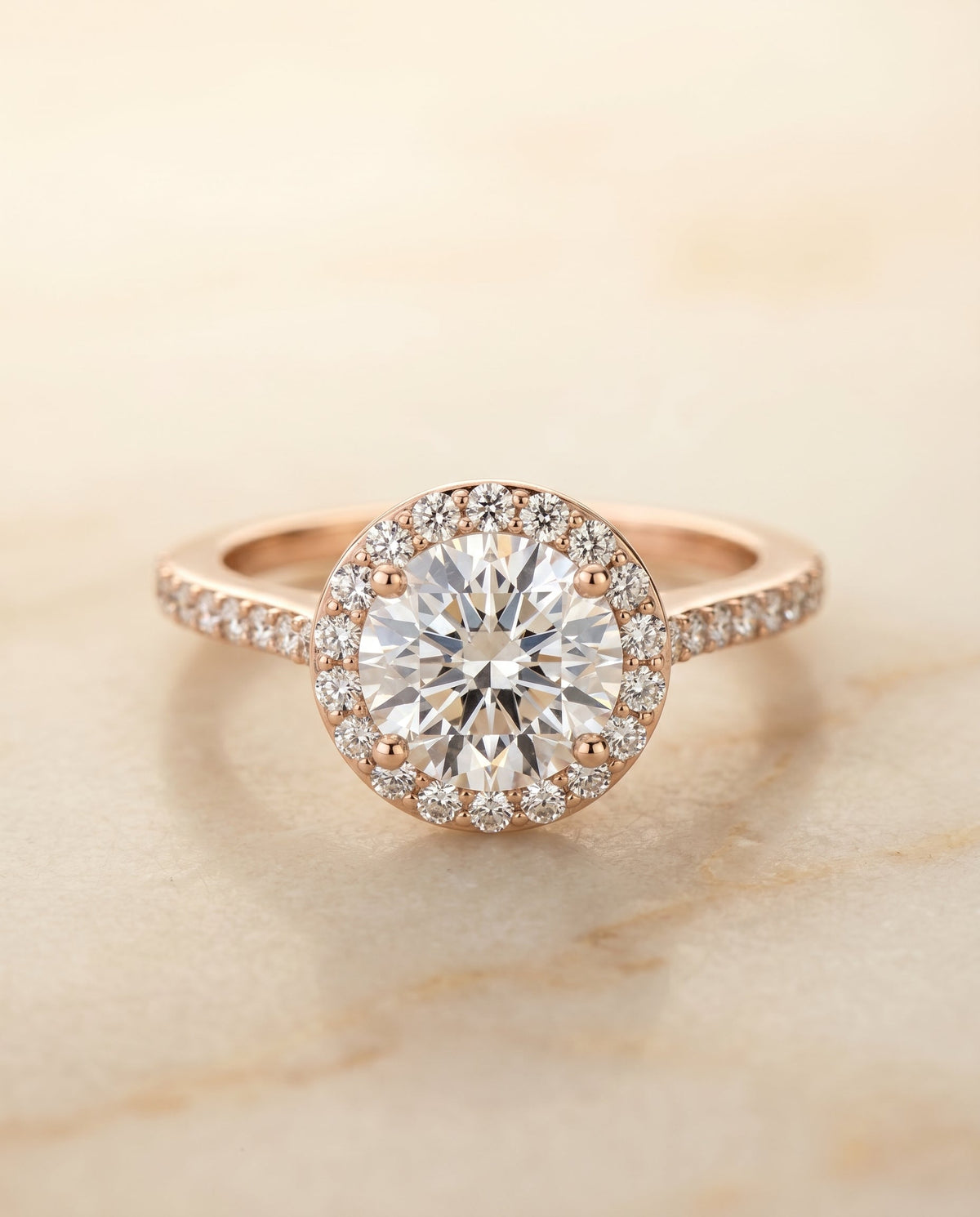 Taylor Select Pavé Halo Round Lab Diamond Engagement Ring in 14K Rose Gold, alternate angle | RockHer