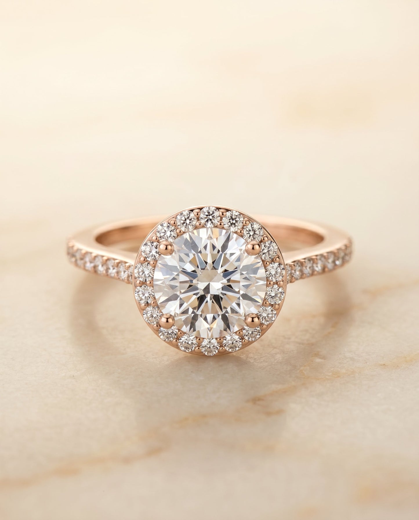 Taylor Select Pavé Halo Round Lab Diamond Engagement Ring in 14K Rose Gold, alternate angle | RockHer