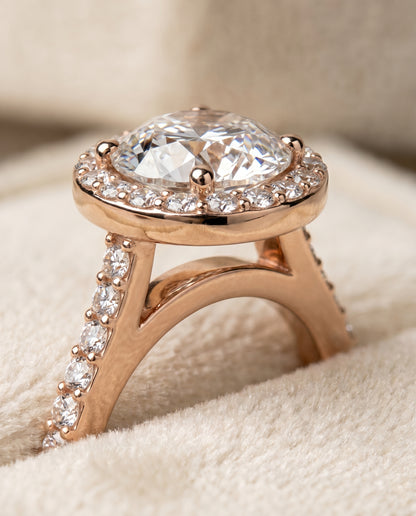Round Brilliant, Classic French Pavé Halo Round, in 14K Rose Gold, pave setting – detail view | RockHer