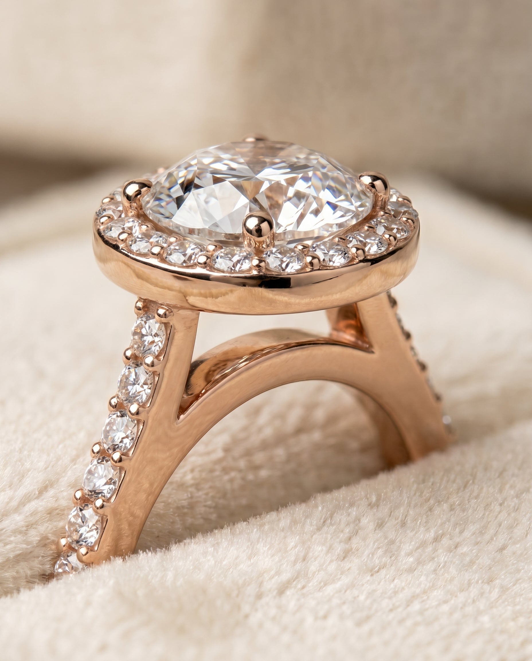 Taylor Select Pavé Halo Round Lab Diamond Engagement Ring in 14K Rose Gold, detail view | RockHer