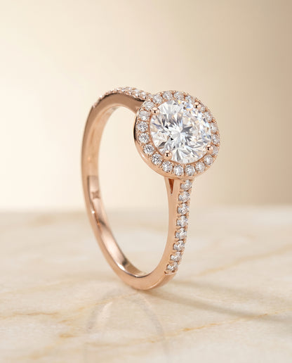 Round Brilliant, Classic French Pavé Halo Round, in 14K Rose Gold, pave setting – front view | RockHer