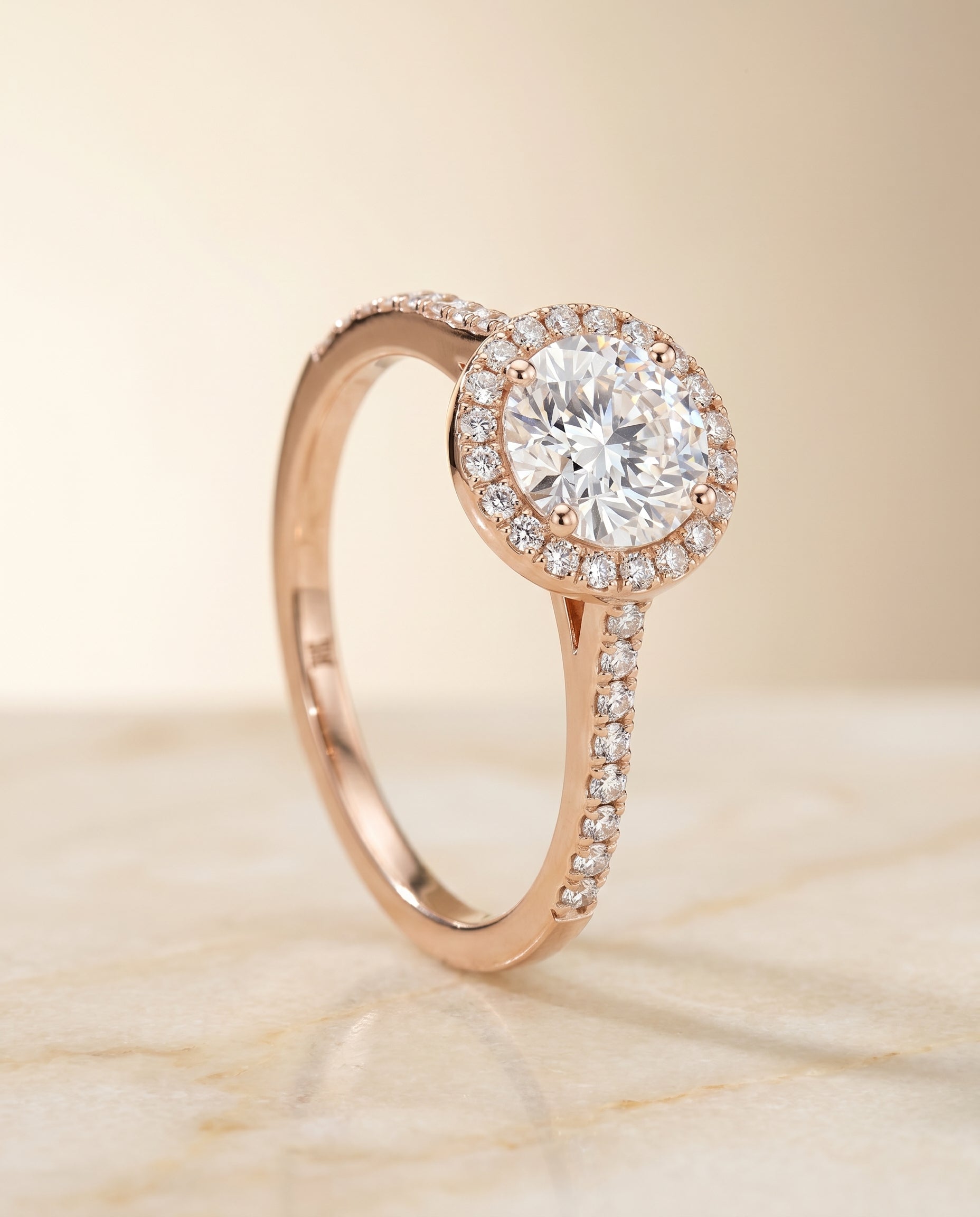 Taylor Select Pavé Halo Round Lab Diamond Engagement Ring in 14K Rose Gold, front view | RockHer