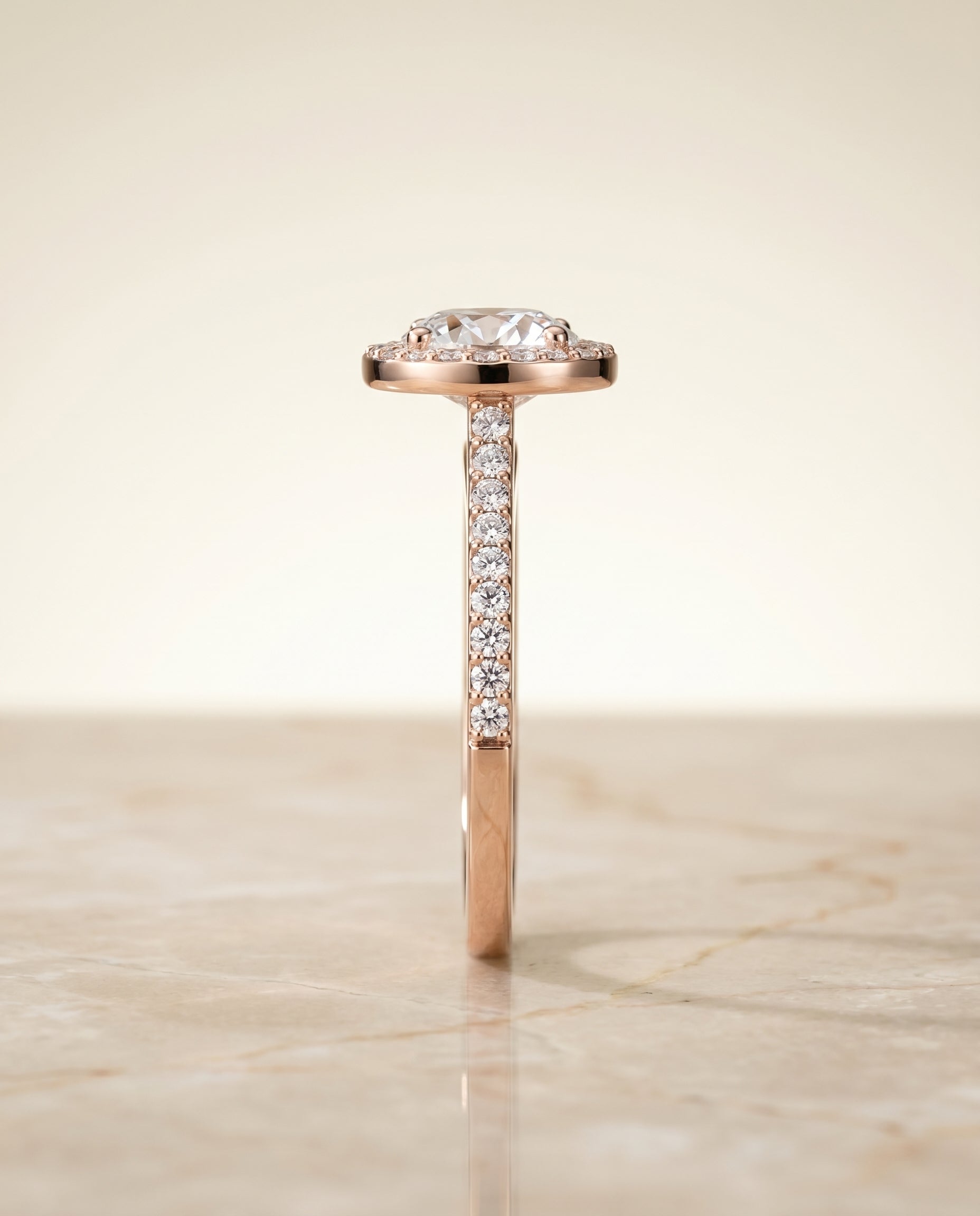 Taylor Select Pavé Halo Round Lab Diamond Engagement Ring in 14K Rose Gold, side view | RockHer