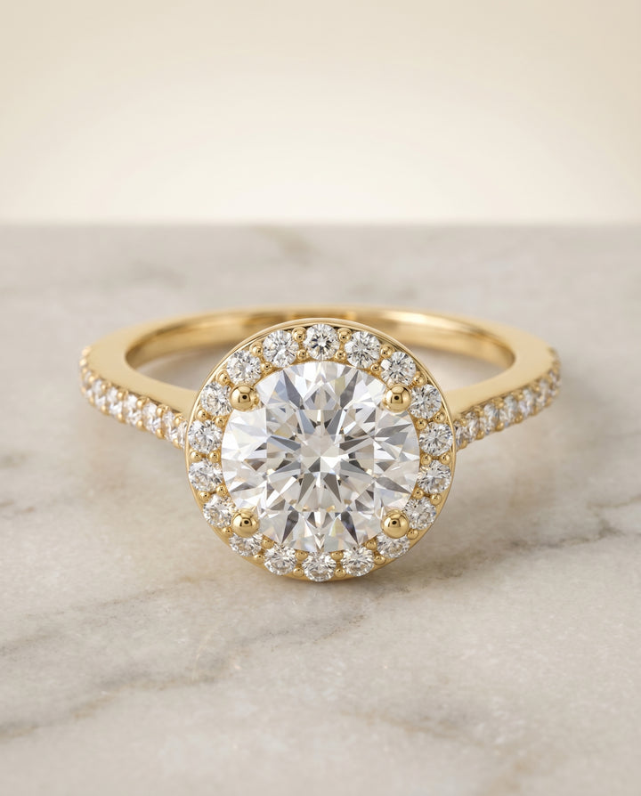 The Taylor Pavé Halo Engagement Ring Setting for Round Diamonds in 18K Yellow Gold | RockHer