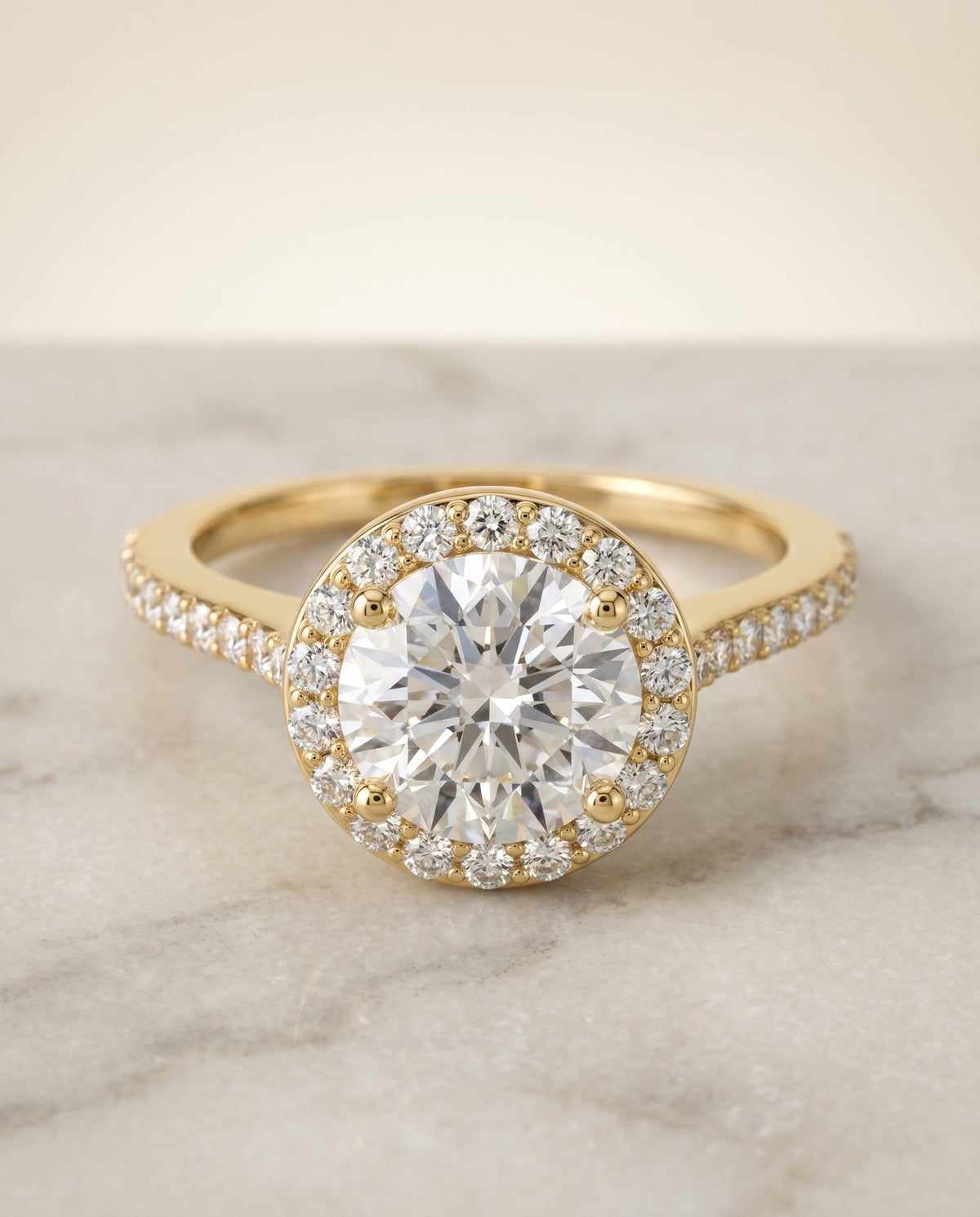 Taylor Select Pavé Halo Round Lab Diamond Engagement Ring in 18K Yellow Gold, alternate angle | RockHer
