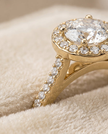 Taylor Select Pavé Halo Round Lab Diamond Engagement Ring in 18K Yellow Gold, detail view | RockHer