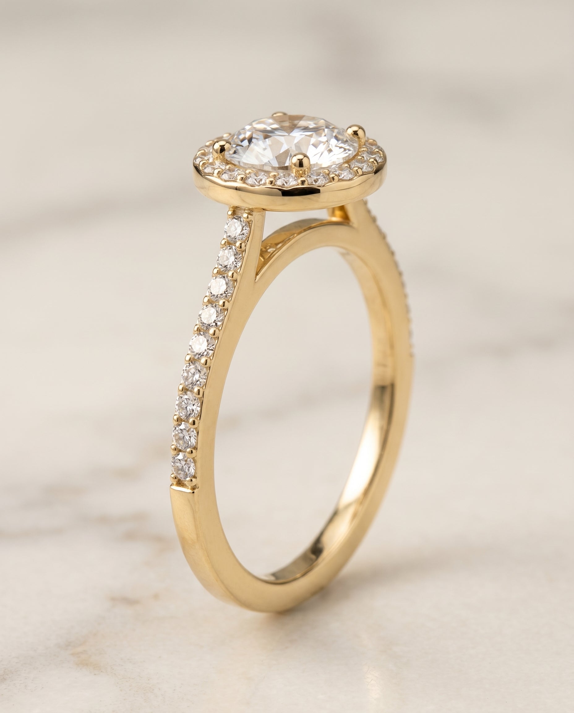 Taylor Select Pavé Halo Round Lab Diamond Engagement Ring in 18K Yellow Gold, front view | RockHer