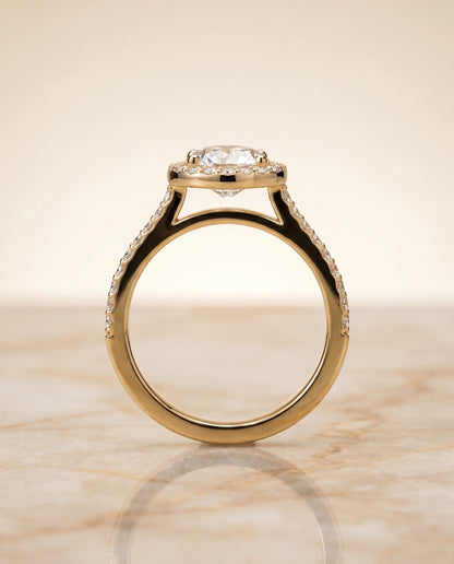 Taylor Select Pavé Halo Round Lab Diamond Engagement Ring in 18K Yellow Gold, side view | RockHer