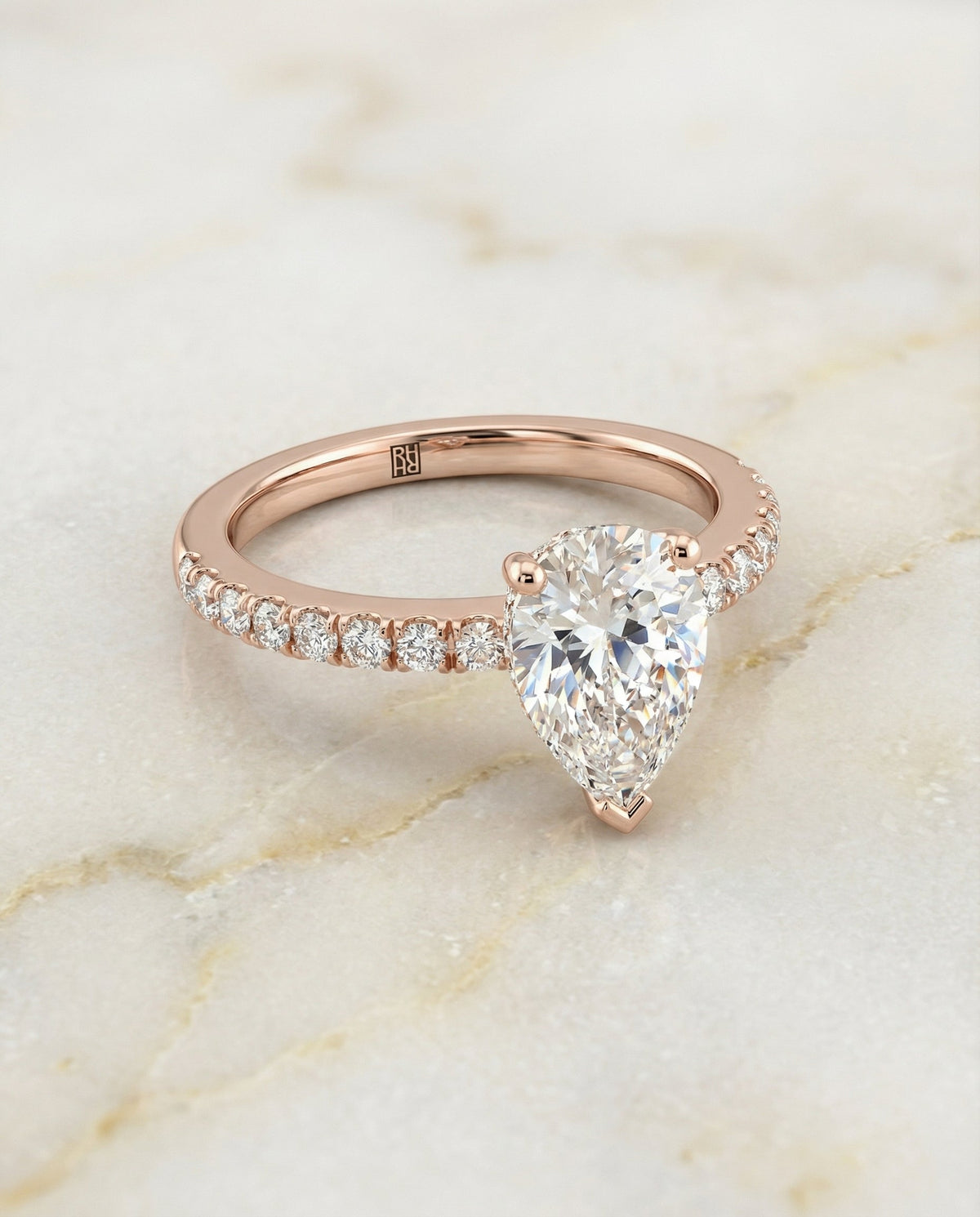 Norah Select Classic Linear French Pavé Pear Lab Diamond Engagement Ring in 14K Rose Gold, alternate angle | RockHer
