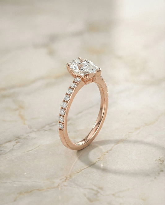 Classic Linear French Pavé Pear Shape Engagement Ring Setting in 14K Rose Gold