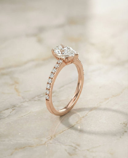Norah Select Classic Linear French Pavé Pear Lab Diamond Engagement Ring in 14K Rose Gold, front view | RockHer