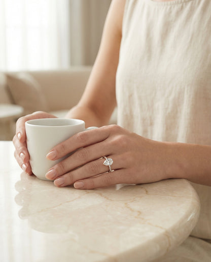 Norah Select Classic Linear French Pavé Pear Lab Diamond Engagement Ring in 14K Rose Gold, lifestyle | RockHer