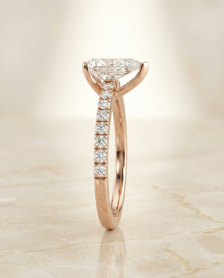 Classic Linear French Pavé Pear Shape, in 14K Rose Gold – side profile | RockHer