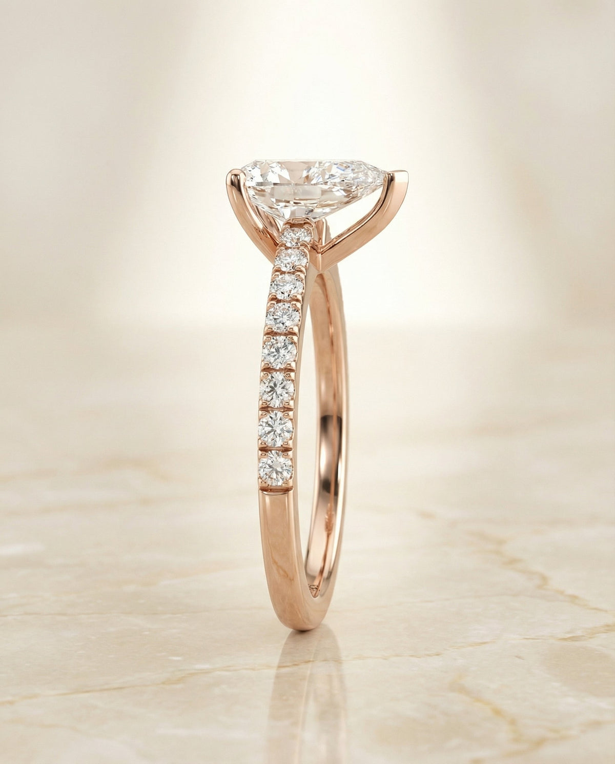 Norah Select Classic Linear French Pavé Pear Lab Diamond Engagement Ring in 14K Rose Gold, side view | RockHer