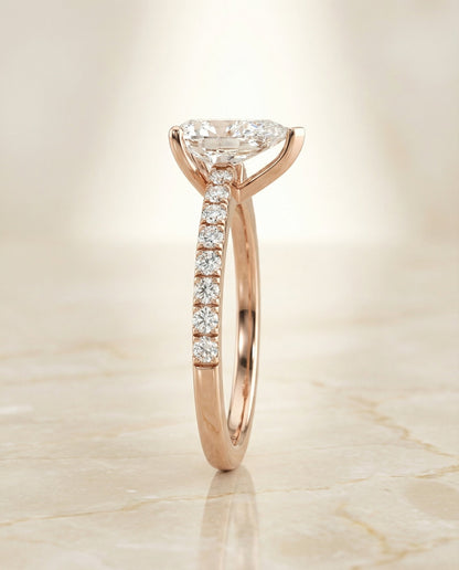 Norah Select Classic Linear French Pavé Pear Lab Diamond Engagement Ring in 14K Rose Gold, side view | RockHer