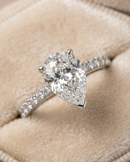 Norah Select Classic Linear French Pavé Pear Lab Diamond Engagement Ring in Platinum, detail view | RockHer
