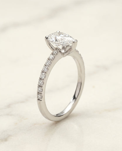 Norah Select Classic Linear French Pavé Pear Lab Diamond Engagement Ring in Platinum, front view | RockHer
