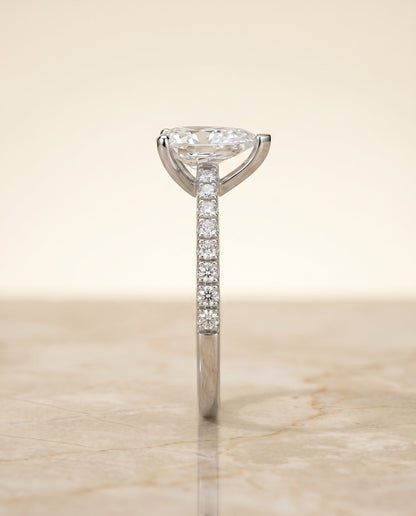 Norah Select Classic Linear French Pavé Pear Lab Diamond Engagement Ring in Platinum, side view | RockHer