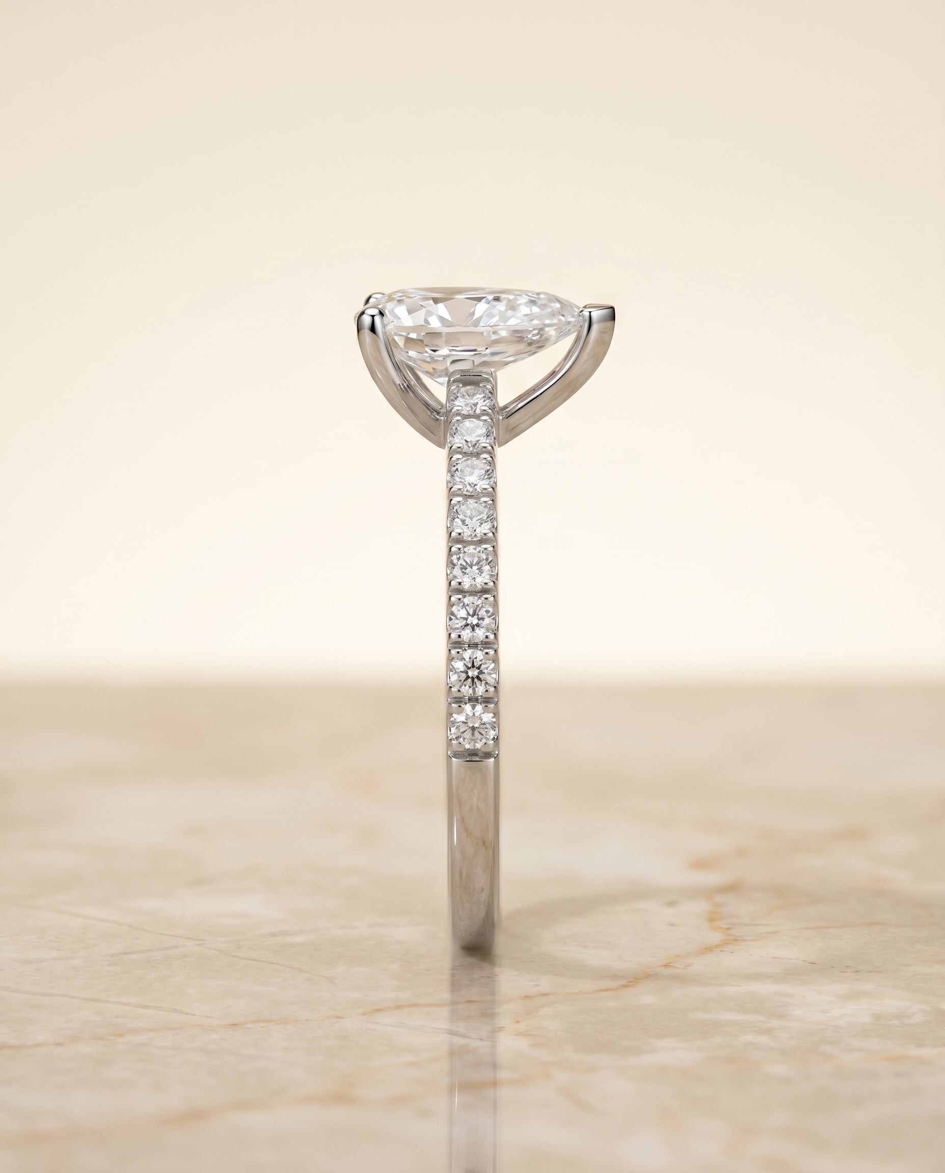 Norah Select Classic Linear French Pavé Pear Lab Diamond Engagement Ring in 18K White Gold, side view | RockHer