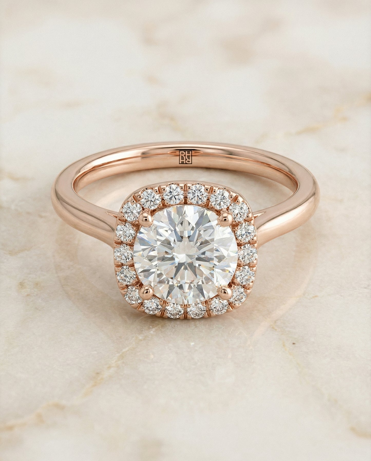 Round Brilliant, Classic Prong Diamond Halo, in 14K Rose Gold, pave setting – angled view | RockHer