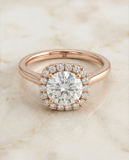 Round Brilliant, Classic Prong Diamond Halo, in 14K Rose Gold, pave setting – angled view | RockHer