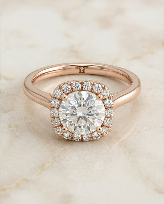 Round Brilliant, Classic Prong Diamond Halo, in 14K Rose Gold, pave setting – angled view | RockHer