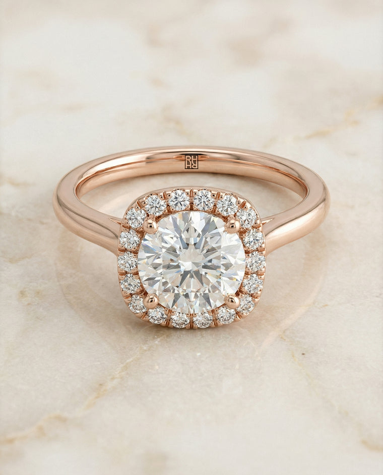 The Carnie Classic Prong Diamond Halo Round Engagement Ring Setting in 14K Rose Gold