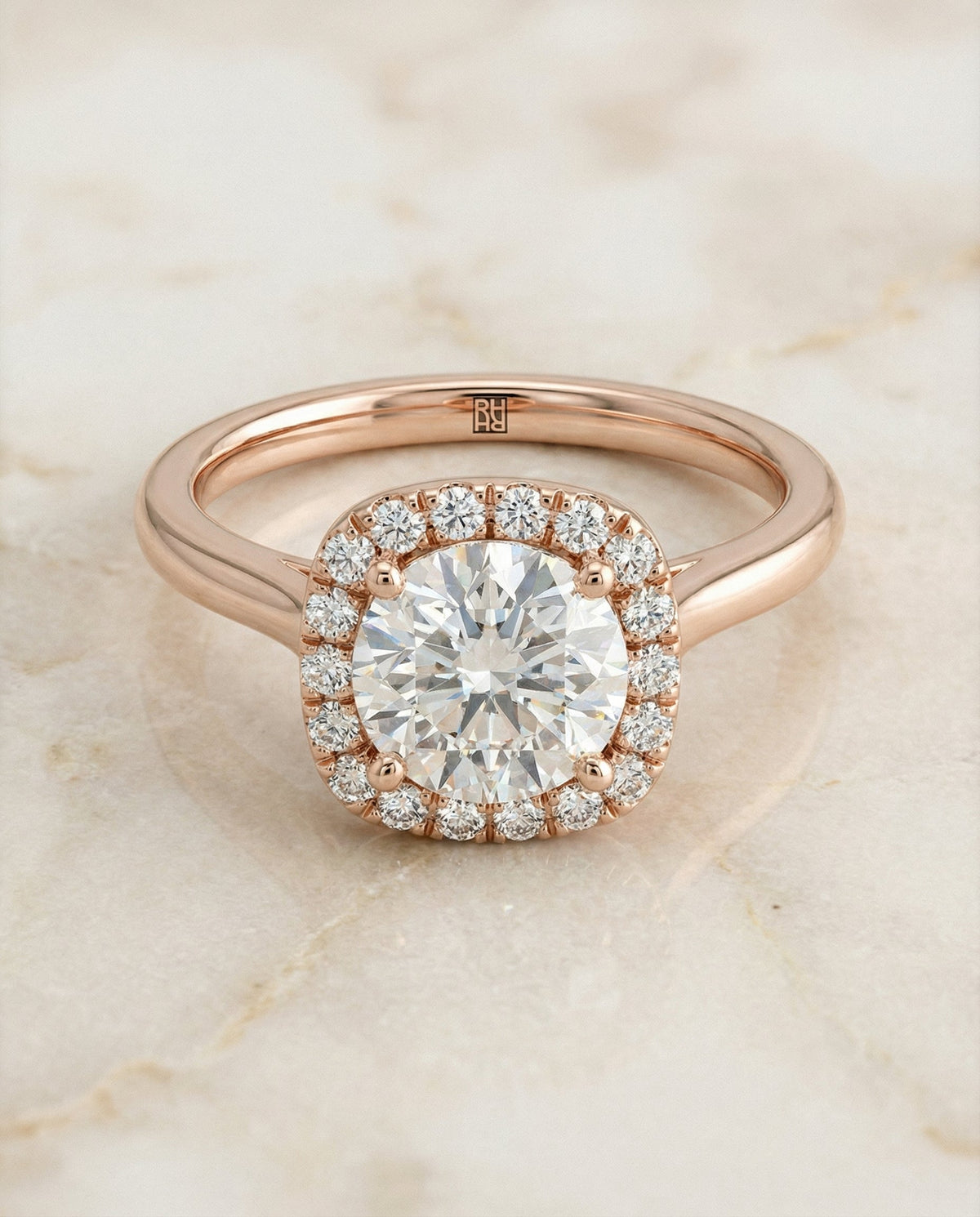 Carnie Select Classic Prong Diamond Halo Round Lab Diamond Engagement Ring in 14K Rose Gold, alternate angle | RockHer