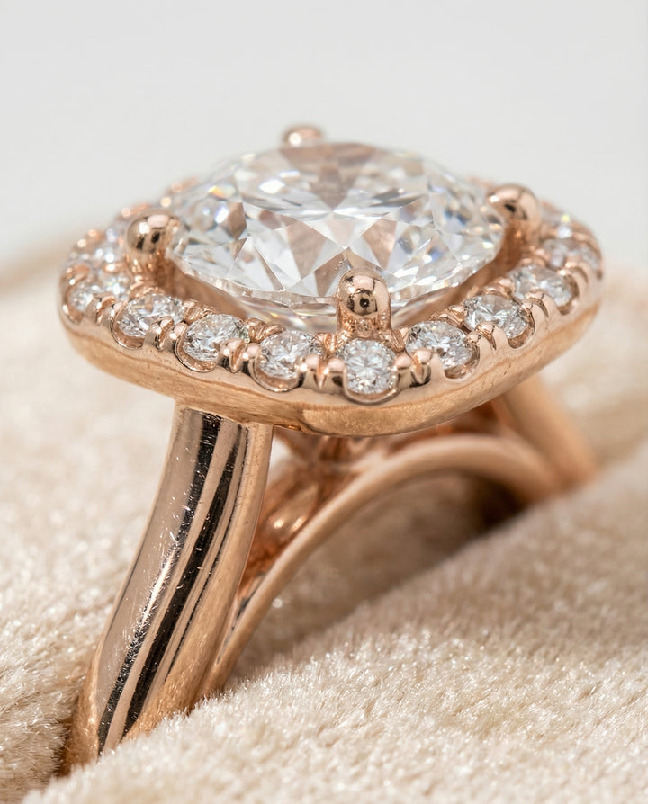 Round Brilliant, Classic Prong Diamond Halo, in 14K Rose Gold, pave setting – detail view | RockHer