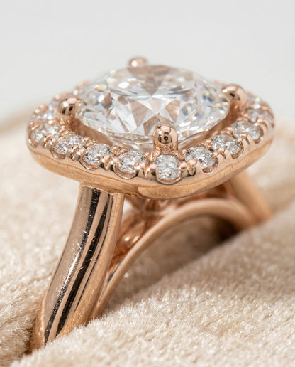 Carnie Select Classic Prong Diamond Halo Round Lab Diamond Engagement Ring in 14K Rose Gold, detail view | RockHer