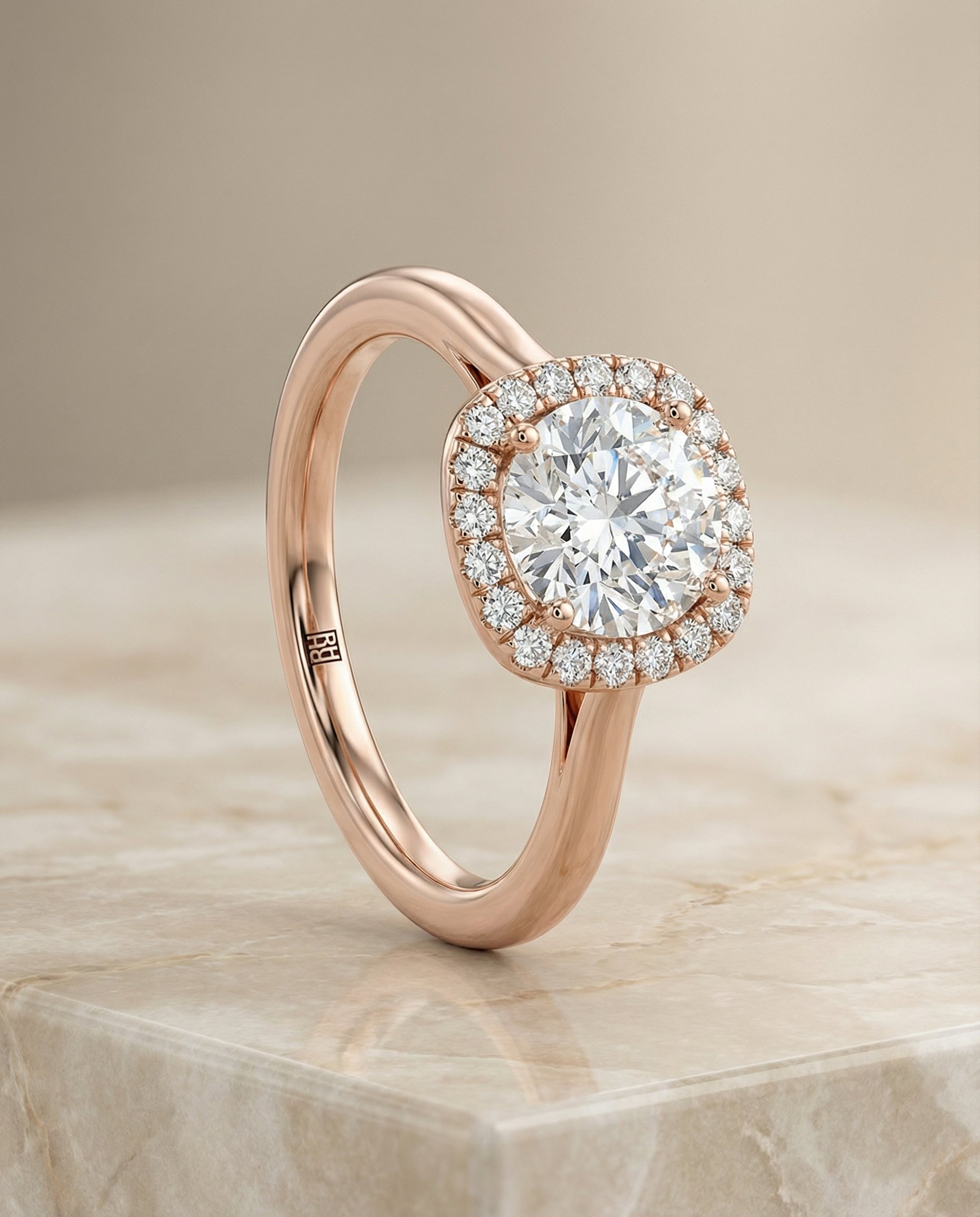 Carnie Select Classic Prong Diamond Halo Round Lab Diamond Engagement Ring in 14K Rose Gold, front view | RockHer