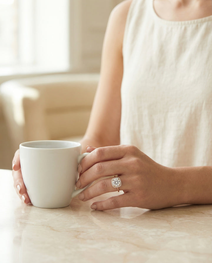 Round Brilliant, Classic Prong Diamond Halo, in 14K Rose Gold, pave setting – lifestyle shot | RockHer