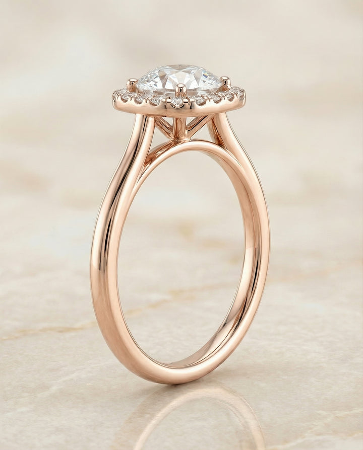 Round Brilliant, Classic Prong Diamond Halo, in 14K Rose Gold, pave setting – side profile | RockHer